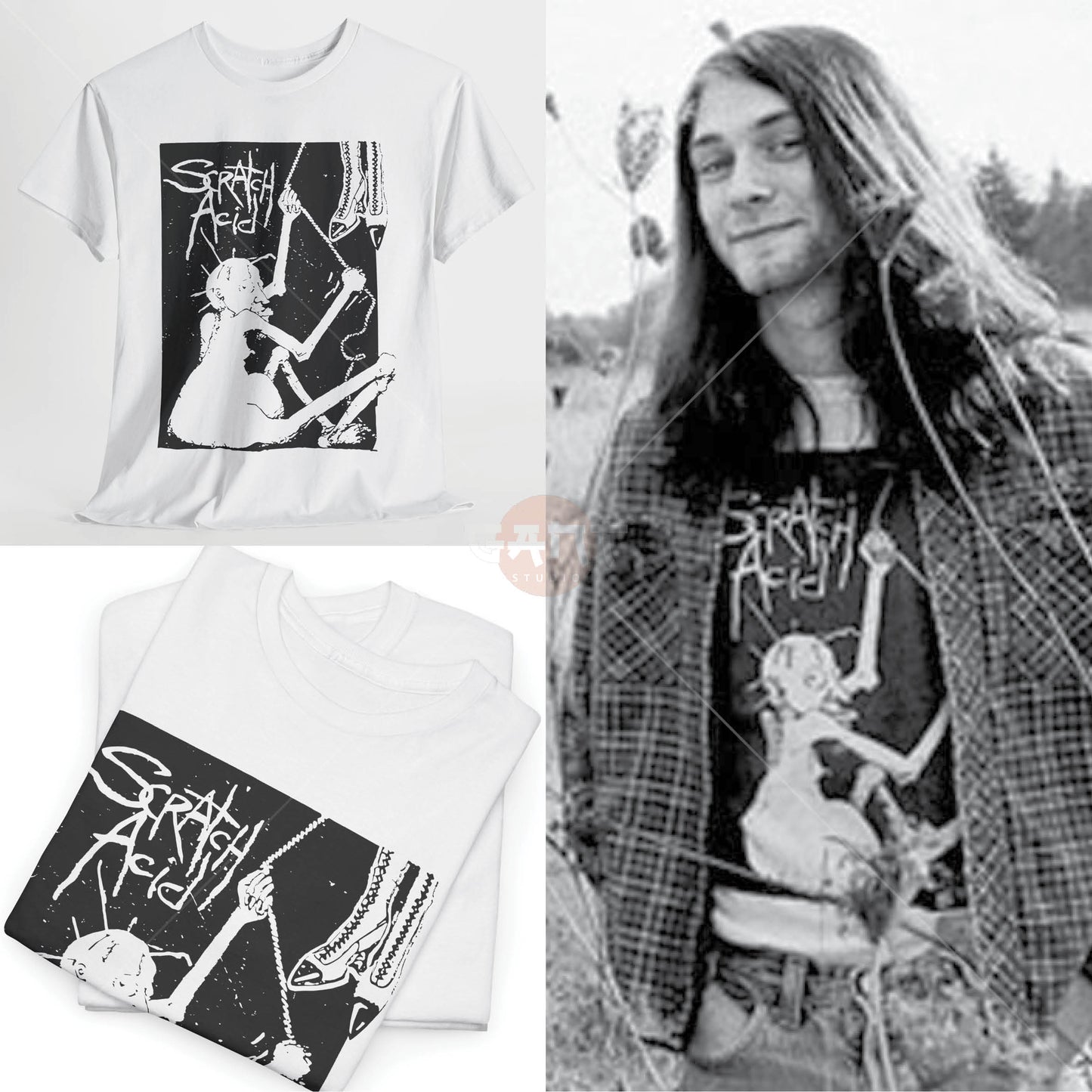 Kurt C0bain T-Shirt, Scr4tch Ac1d Tee Merch (Worn by Kurt C0bain) N1rvana Band