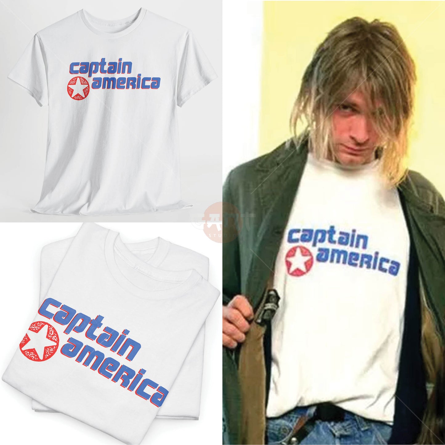 Kurt C0bain T-Shirt, C4ptain 4merica Tee Merch (Worn by Kurt C0bain) N1rvana Band