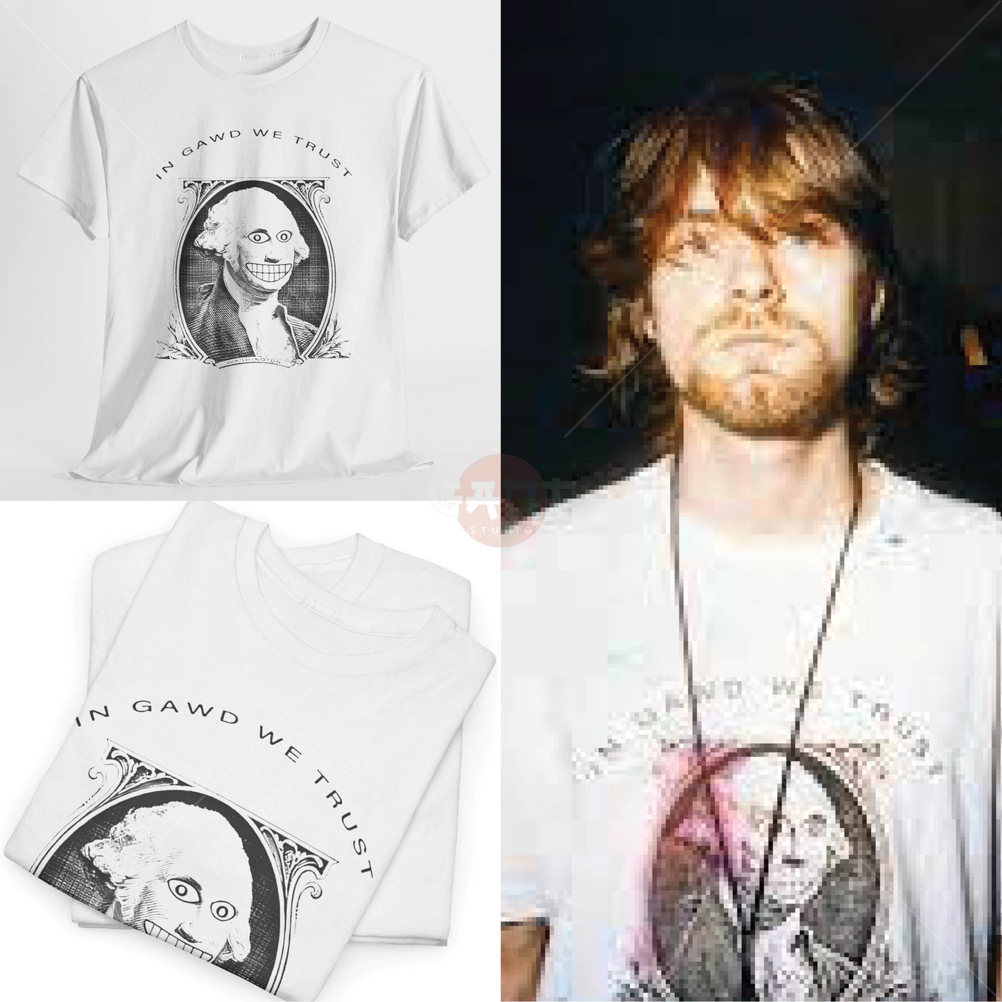 Kurt C0bain T-Shirt, In Gawd We Trust Tee Merch (Worn by Kurt C0bain) N1rvana Band